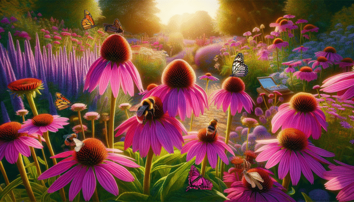 Herbs for Family Immunity: Echinacea plants in a UK garden, purple blooms attracting pollinators, symbolizing immunity and biodiversity.