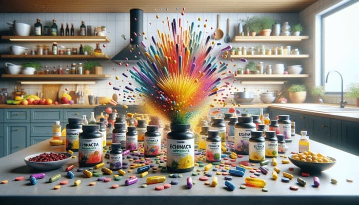 Echinacea supplements in capsules, tablets, and liquid extracts on a modern kitchen counter, symbolizing health and immunity.
