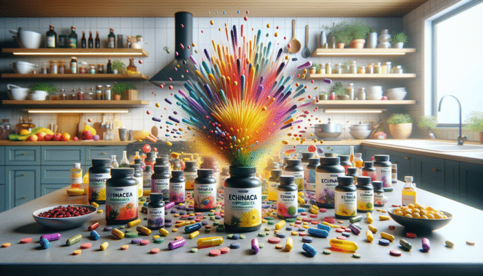 Echinacea supplements in capsules, tablets, and liquid extracts on a modern kitchen counter, symbolizing health and immunity.