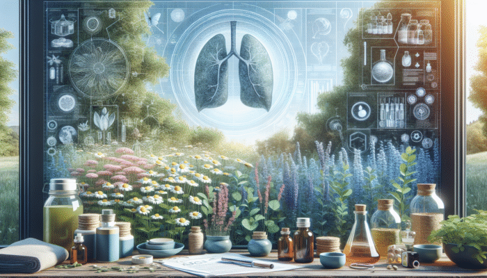 Herbs to Ease Asthma Symptoms: A serene herbal garden with chamomile, eucalyptus, and natural remedies like teas and oils for asthma relief.