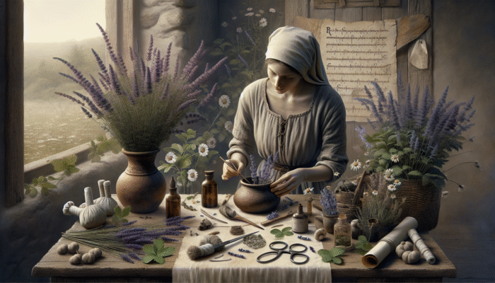 Best Practices for Herbal Compresses: Medieval British herbalist crafting compresses with lavender and chamomile, surrounded by ancient texts and plants.
