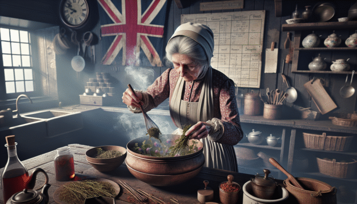 Elderly woman steeping herbs in a heatproof bowl, steam rising, in a rustic UK kitchen with traditional tools.