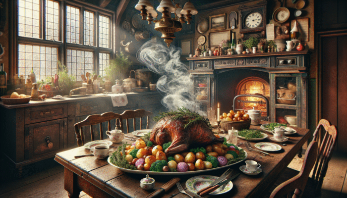 How to Pair Herbs with Spices: A succulent lamb roast seasoned with rosemary and thyme, surrounded by roasted potatoes and vegetables on a rustic British kitchen table.