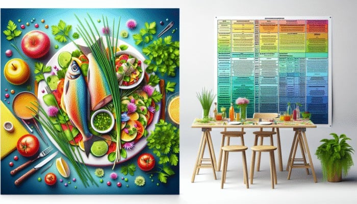 A spring table with fresh chives, parsley, salad, and fish, showcasing British cuisine's seasonal flavors.