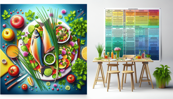A spring table with fresh chives, parsley, salad, and fish, showcasing British cuisine's seasonal flavors.