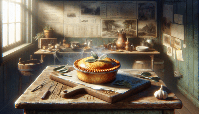 A steaming pork pie on a rustic British kitchen table, garnished with sage and mustard seeds.
