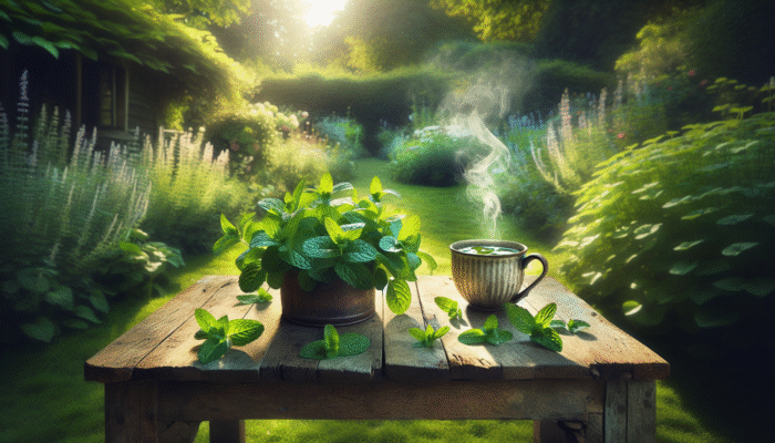 Natural Remedies for Brain Fog: A steaming cup of peppermint tea on a rustic table in a serene English garden, surrounded by fresh peppermint leaves.