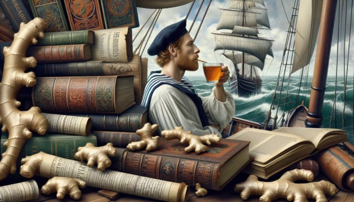 Ginger for Nausea Relief: 19th-century British sailor drinking ginger tea on a rocking ship, with historical texts in background, illustrating ginger's use for nausea relief.