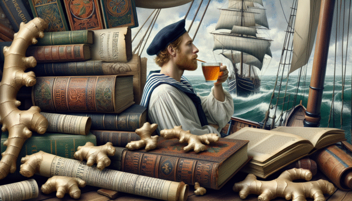 Ginger for Nausea Relief: 19th-century British sailor drinking ginger tea on a rocking ship, with historical texts in background, illustrating ginger's use for nausea relief.