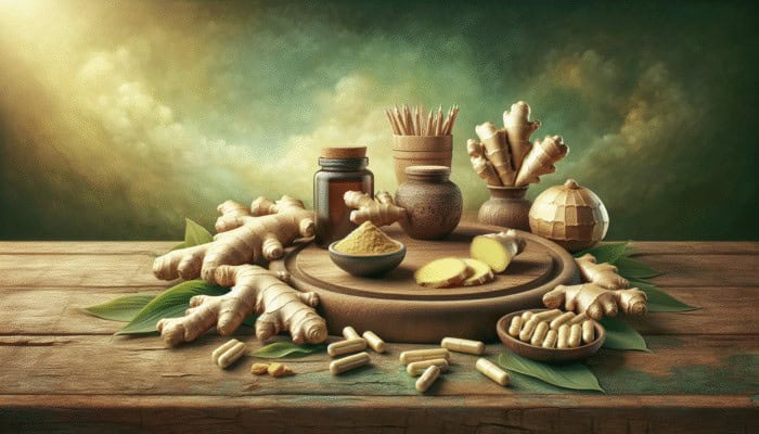 Various forms of ginger including fresh, dried, powdered, and capsules on a wooden table, green background.