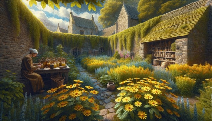 Natural Herbs for Depression Support: A medieval UK garden with blooming yellow St John's Wort, surrounded by stone walls, as a herbalist prepares tinctures and teas.