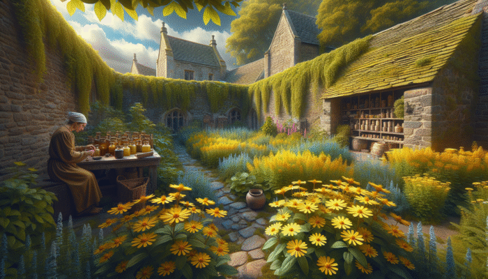 Natural Herbs for Depression Support: A medieval UK garden with blooming yellow St John's Wort, surrounded by stone walls, as a herbalist prepares tinctures and teas.