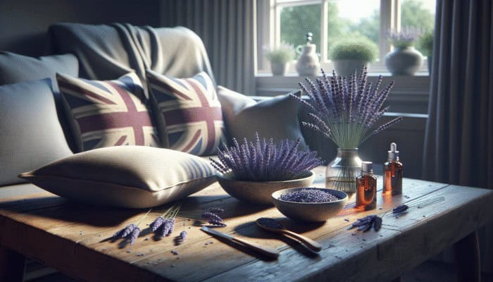 British home with lavender sachets under pillows, dried lavender, and aromatherapy oils on a wooden table.