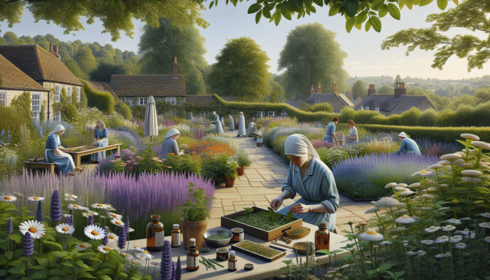 A serene UK garden with lavender, chamomile, and mint; people crafting herbal wellness blends.