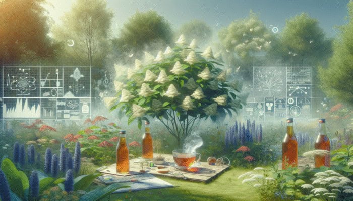 Elderflower plants blooming in a serene British garden, with steaming cups of tea and cordial showcasing their immune-boosting benefits.
