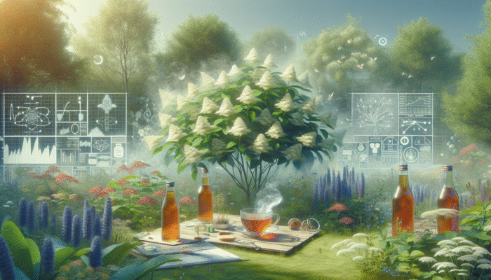 Elderflower plants blooming in a serene British garden, with steaming cups of tea and cordial showcasing their immune-boosting benefits.