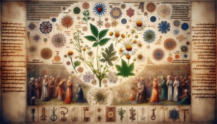 How to Research Herbal Benefits: Medieval manuscript with illustrations of chamomile, nettle, willow bark, and ancient healers, showcasing UK's herbal history.