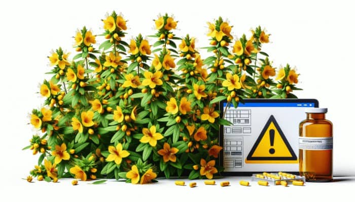 Herbal Interactions with Medications: Illustration of St. John's Wort with yellow flowers and caution symbol, used for mild depression but may interact with medications.