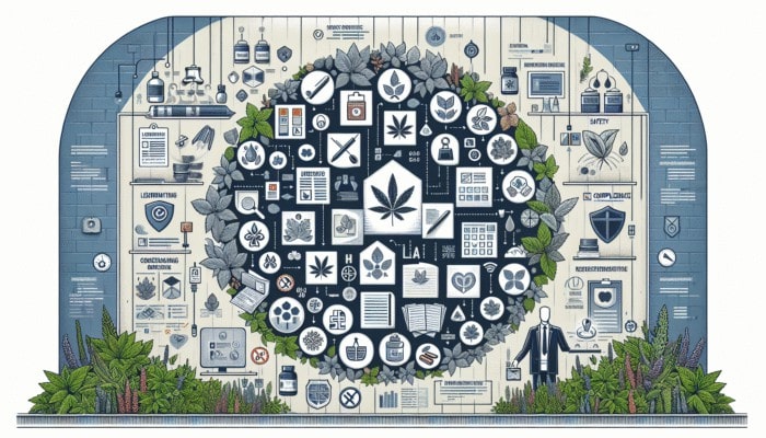 Infographic on UK regulatory guidelines for herbal products, covering safety, labeling, and compliance, with herbs and documents.