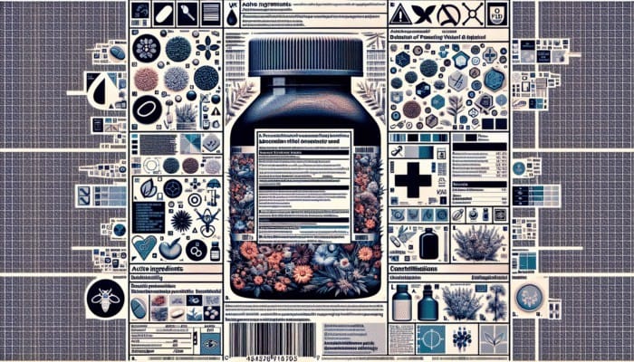 UK herbal product label with active ingredients, dosage, and contraindications, surrounded by herbs.