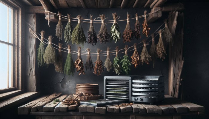 Bundles of herbs hanging from a wooden beam in a rustic kitchen, with a dehydrator nearby.