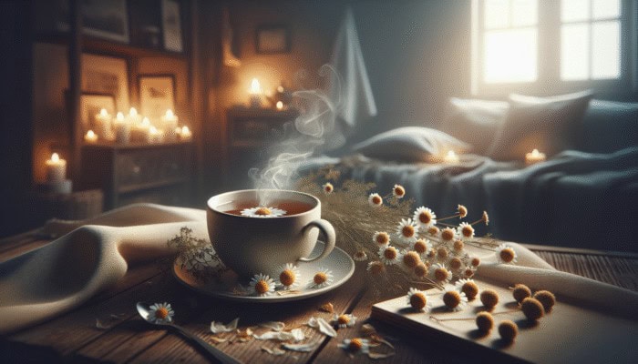 Herbal Teas for Emotional Balance: A steaming cup of chamomile tea on a cozy table, surrounded by dried flowers, in a softly lit room.