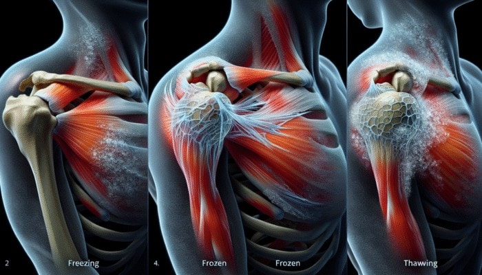 Acupuncture for Frozen Shoulder: Illustration of a shoulder joint with adhesive capsulitis, showing freezing, frozen, and thawing phases.