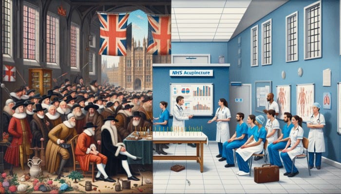 Acupuncture for Fibromyalgia Treatment: A 17th-century British scene of skeptical onlookers at an acupuncture session, transitioning to a modern NHS clinic in London treating chronic pain with acupuncture.