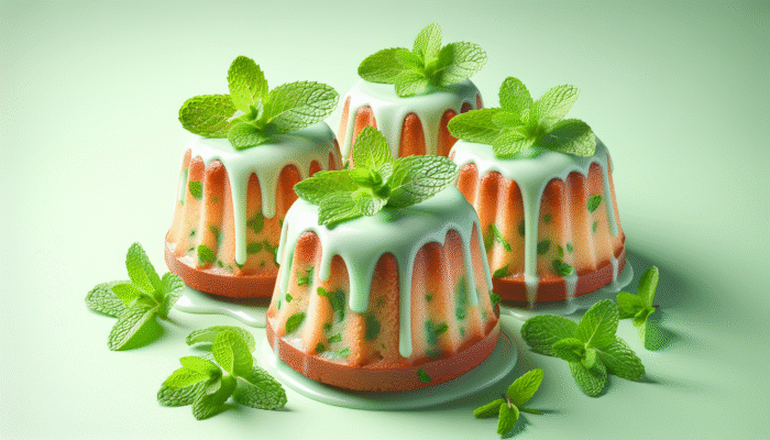 Moist, fluffy mint-infused cakes with mint glaze and sprigs, on pastel green background.