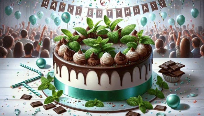 Moist chocolate cake with mint icing, chocolate shavings, and fresh mint leaves on a festive birthday table.