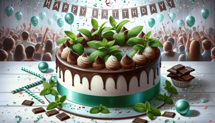 Moist chocolate cake with mint icing, chocolate shavings, and fresh mint leaves on a festive birthday table.
