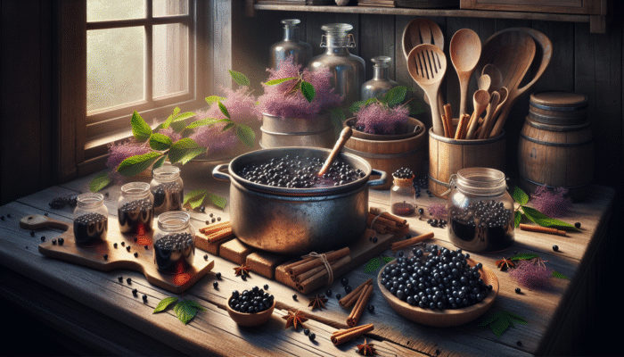 Simple Herbal Remedies for Colds: A rustic kitchen with simmering elderberries, spices, and jars of dark elderberry syrup in soft light.
