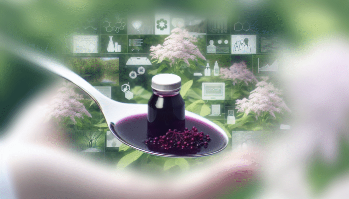A spoonful of dark purple elderberry syrup against blooming elderberry bushes, with a soft-focus medical consultation scene.