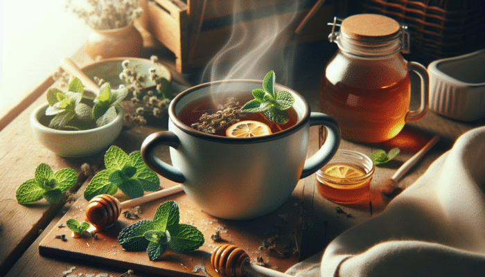 A steaming mug of peppermint tea with fresh and dried leaves, honey, and lemon, cozy and aromatic.