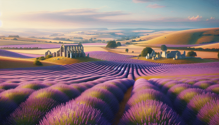 English countryside with vibrant lavender fields and ancient stone ruins, symbolizing historical significance.