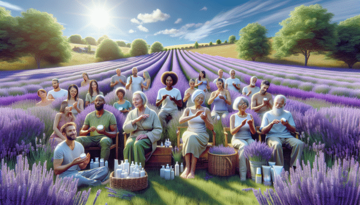 A UK garden with blooming lavender fields, people using lavender products for eczema relief.