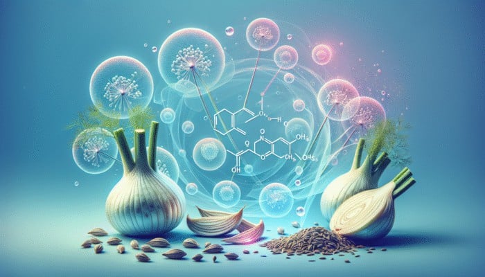 Benefits of Fennel for Bloating: Illustration of glowing fennel bulbs and seeds with anethole, fenchone, estragole molecules on a pastel blue background, symbolizing bloating relief.