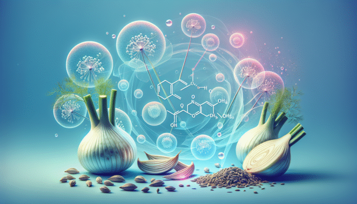 Benefits of Fennel for Bloating: Illustration of glowing fennel bulbs and seeds with anethole, fenchone, estragole molecules on a pastel blue background, symbolizing bloating relief.