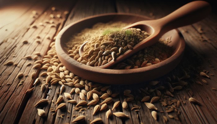 Fennel seeds on a rustic wooden table, natural remedy for bloating, highlighted by warm light.