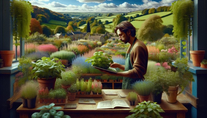 How to Use Rare Herbs Effectively: A gardener in the Cotswolds nursery, surrounded by rare herbs like Lemon Verbena and Siberian Chervil.
