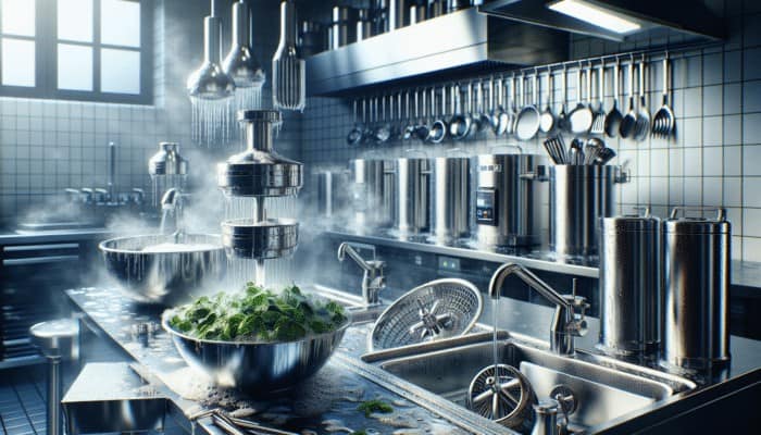 Clean kitchen with stainless steel equipment being washed and herbs rinsed in a salad spinner for brewing hygiene.