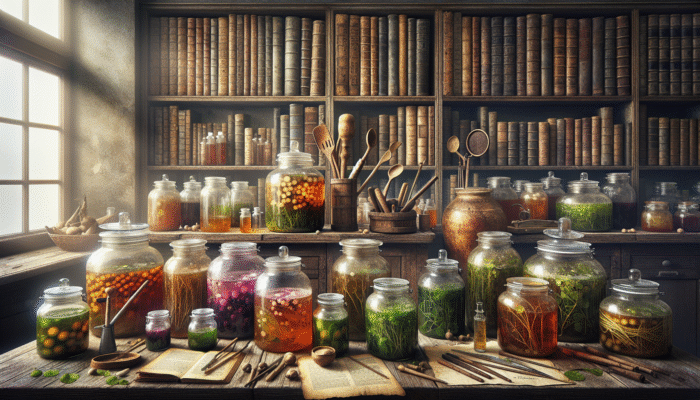 Jars of lacto-fermented herbs in a rustic UK kitchen with traditional tools and old recipe books.