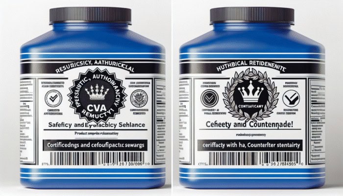 How to Spot Fake Herbal Products: Herbal product label with MHRA logo indicating UK compliance, next to a counterfeit label without certification.
