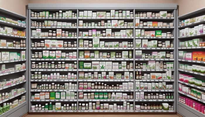 Diverse herbal products on UK store shelves with varying price tags, showing genuine vs. potentially counterfeit items.