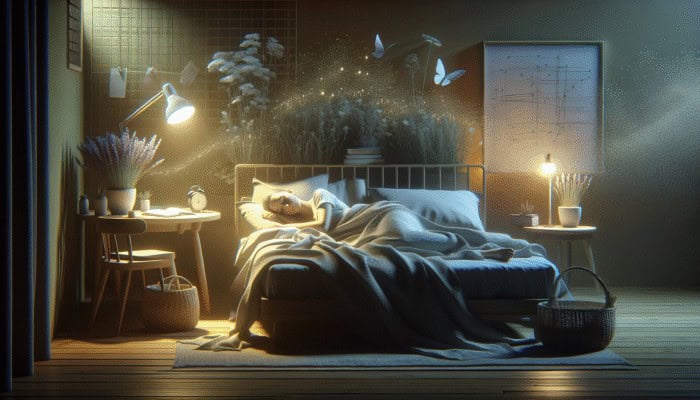 Herbal Solutions for Insomnia: A peaceful bedroom with soft lighting, a sleeping person surrounded by lavender and chamomile plants.