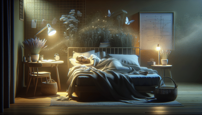 Herbal Solutions for Insomnia: A peaceful bedroom with soft lighting, a sleeping person surrounded by lavender and chamomile plants.