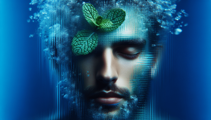 Mint for Headache Relief: A serene person with a mint leaf on forehead, surrounded by blue and green hues, symbolizing headache relief.