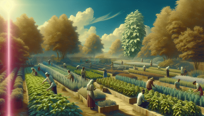 A UK garden with labeled mint species like spearmint, peppermint, and apple mint being harvested for headache relief.