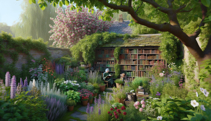 A UK cottage garden with herbs, books, and an enthusiast reading under a cherry tree.