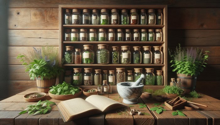 A rustic kitchen shelf with herb jars, an open book "The Healing Power of Herbs," and fresh herbs on a wooden table.